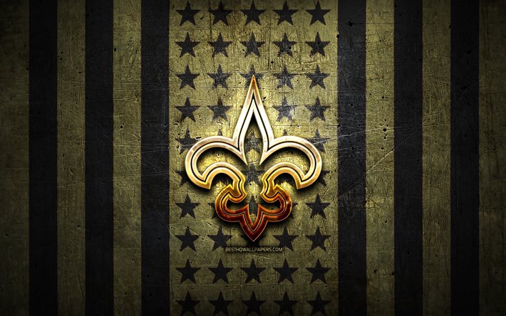 New Orleans Saints flag, NFL, brown black metal background, american football team, New Orleans Saints logo, USA, american football, golden logo, New Orleans Saints