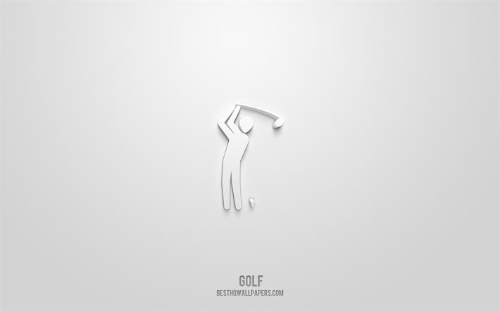 golf 3d-symbol, wei&#223;er hintergrund, 3d-symbole, golf, kreative 3d-kunst, golf-zeichen, sport 3d-symbole