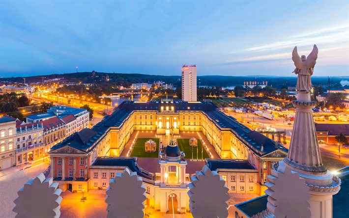 Kaupunginpalatsi, Potsdam, Vanha kauppatori, ilta, auringonlasku, Potsdamin kaupunkikuva, maamerkki, Saksa