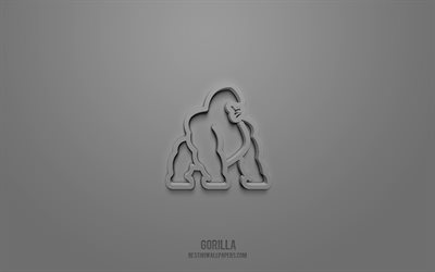 Gorilla 3d ic&#244;ne, fond gris, symboles 3D, Gorille, art 3D cr&#233;atif, ic&#244;nes 3D, signe gorille, animaux ic&#244;nes 3d