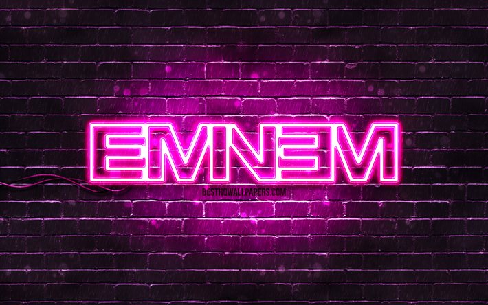 Logo violet Eminem, 4k, superstars, rappeur am&#233;ricain, brickwall violet, logo Eminem, Marshall Bruce Mathers III, Eminem, stars de la musique, Logo au n&#233;on Eminem