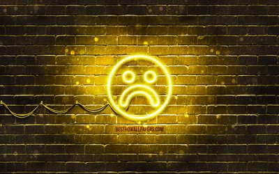 Sad neon icon, 4k, yellow background, smiley icons, Sad Emotion, neon symbols, Sad, neon icons, Sad sign, emotion signs, Sad icon, emotion icons