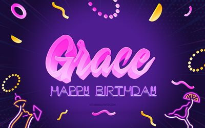 Grattis p&#229; f&#246;delsedagen Grace, 4k, Purple Party Background, Grace, creative art, Happy Grace f&#246;delsedag, Grace name, Ella Birthday, Birthday Party Background
