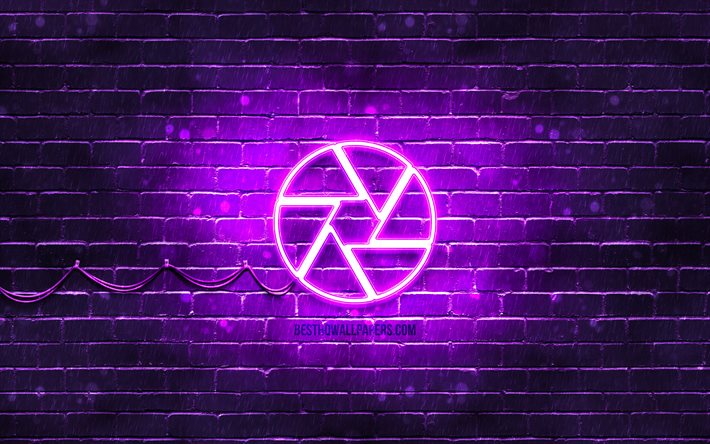 shutter neon symbol, 4k, violetter hintergrund, neon symbole, kino, kreativ, shutter zeichen, medien zeichen, shutter symbol, medien symbole