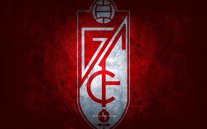 Granada CF, squadra di calcio spagnola, sfondo di pietra rossa, logo Granada CF, arte grunge, La Liga, calcio, Spagna, emblema di Granada CF