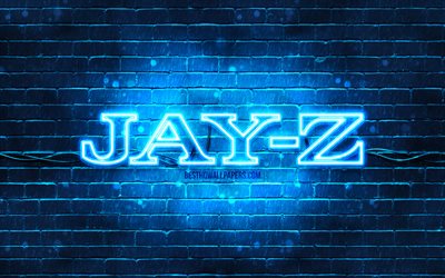 Logotipo azul de Jay-Z, 4k, superstars, rapper americano, parede de tijolos azul, logotipo Jay-Z, Shawn Corey Carter, Jay-Z, estrelas da m&#250;sica, logotipo de n&#233;on de Jay-Z