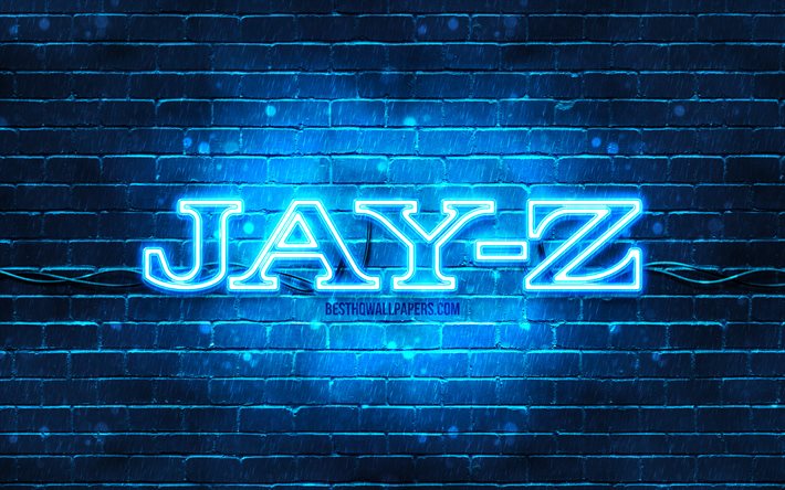 Logo blu Jay-Z, 4k, superstar, rapper americano, muro di mattoni blu, logo Jay-Z, Shawn Corey Carter, Jay-Z, star della musica, logo neon Jay-Z