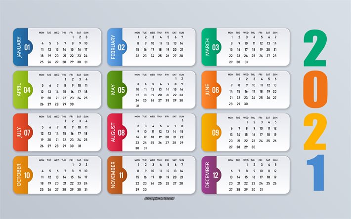 2021年のカレンダー, 4k, すべての2021か月のカレンダー, 2021年のインフォグラフィックカレンダー, 紙の要素, 2021の概念