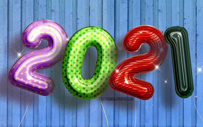 4k, Feliz Ano Novo 2021, bal&#245;es realistas coloridos, 2021 d&#237;gitos coloridos, 2021 conceitos, 2021 ano novo, 2021 em fundo azul, 2021 d&#237;gitos do ano, Ano Novo 2021