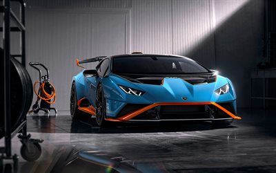 2021, Lamborghini Huracan STO, 4k, vista frontal, superdeportivo, tuning Huracan, nuevo azul naranja Huracan, superdeportivos italianos, Lamborghini