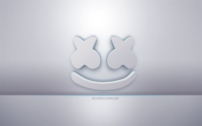 Marshmello 3d logo blanco, fondo gris, logo de Marshmello, arte creativo 3d, Marshmello, emblema 3d