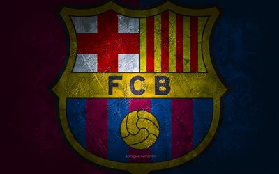 FC Barcelone, club de football espagnol, fond de pierre bleu bourgogne, logo du FC Barcelone, art grunge, La Liga, football, Espagne, embl&#232;me du FC Barcelone
