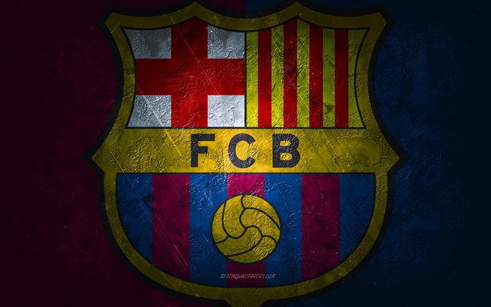 FC Barcelona, spansk fotbollsklubb, bl&#229; burgund sten bakgrund, FC Barcelona logotyp, grunge konst, La Liga, fotboll, Spanien, FC Barcelona emblem