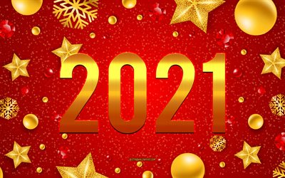Nouvel an 2021, fond de No&#235;l rouge, concepts 2021, bonne ann&#233;e 2021, fond d&#39;or 2021, lettres d&#39;or