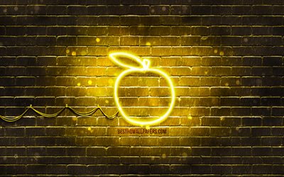 Yellow Apple neon icon, 4k, yellow background, neon symbols, Yellow Apple, creative, neon icons, Apple sign, food signs, Apple icon, food icons