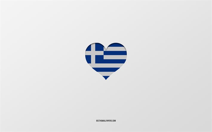 Yunanistan&#39;ı seviyorum, avrupa &#252;lkeleri, yunanistan, gri arkaplan, yunanistan bayrağı kalp, favori &#252;lke, yunanistan seviyorum