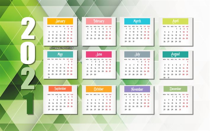 2021 astratto calendario verde, sfondo verde mosaico, 2021 tutti i mesi calendario, 2021 elementi di carta verde, concetti 2021, 2021 Capodanno, 2021 calendario