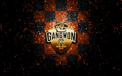 Gangwon FC, logo glitter, J1 League, sfondo a scacchi nero arancione, calcio, squadra di calcio giapponese, logo Gangwon, arte del mosaico, Gangwon