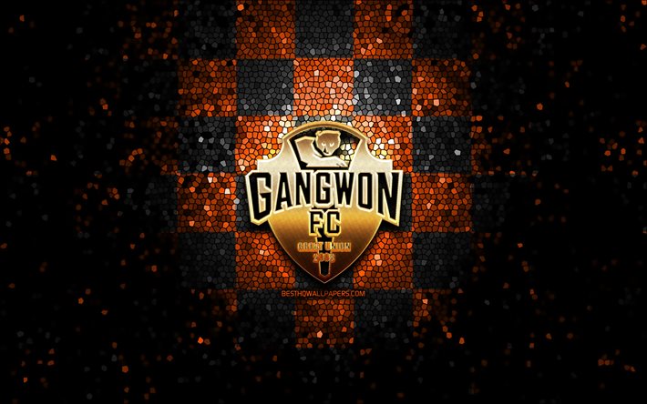 Gangwon FC, logotipo brilhante, J1 League, fundo xadrez preto laranja, futebol, clube de futebol japon&#234;s, logotipo Gangwon, arte em mosaico, Gangwon