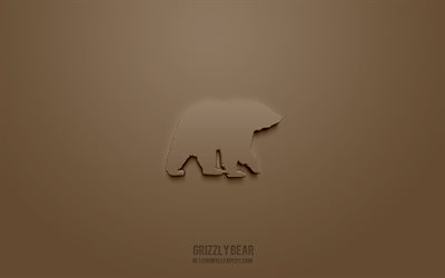 Grizzly bear 3d icon, brown background, 3d symbols, Grizzly bear, creative 3d art, 3d icons, Grizzly bear sign, Animals 3d icons