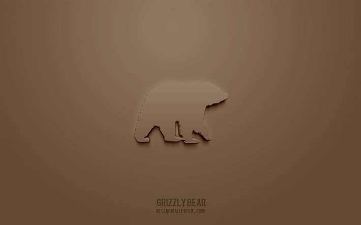 Icona 3d orso grizzly, sfondo marrone, simboli 3d, orso grizzly, arte 3d creativa, icone 3d, segno orso grizzly, icone animali 3d