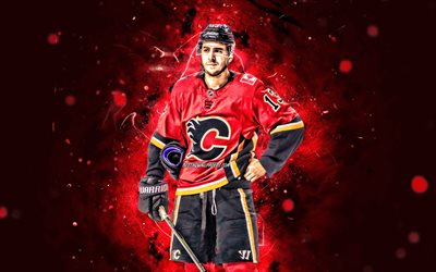 Johnny Gaudreau, 4k, Calgary Flames, NHL, hockey stars, red neon lights, John Michael Gaudreau, hockey players, hockey, USA, Johnny Gaudreau 4K, Johnny Gaudreau Calgary Flames