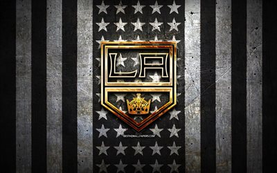 ロサンゼルスキングス旗, NHL, 黒と白の金属の背景, アメリカのホッケーチーム, ロサンゼルスキングスのロゴ, 米国, ホッケー, 黄金のロゴ, ロサンゼルスキングス, LAキングス