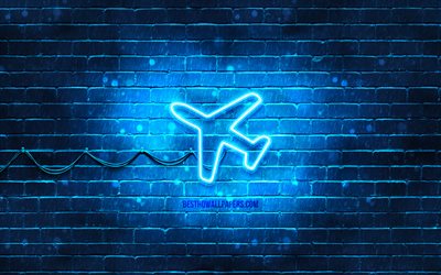 رمز النيون الطائرة, 4 ك, الخلفية الزرقاء, رموز النيون, سطح مستوى مسطح, أيقونات النيون, علامة الطائرة, علامات النقل, رمز الطائرة, رموز النقل