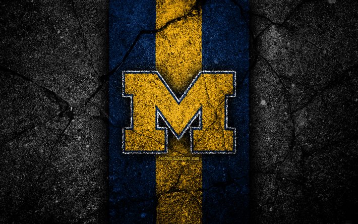 Michigan Wolverines, 4k, &#233;quipe de football am&#233;ricain, NCAA, pierre jaune bleu, USA, texture asphalte, football am&#233;ricain, logo Michigan Wolverines