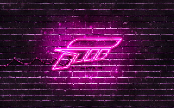 Logo Forza viola, 4k, brickwall viola, logo Forza, giochi 2020, logo Forza neon, Forza