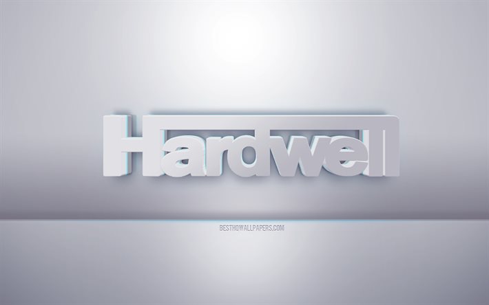 Hardwell 3d beyaz logo, gri arkaplan, Hardwell logosu, yaratıcı 3d sanat, Hardwell, 3d amblemi
