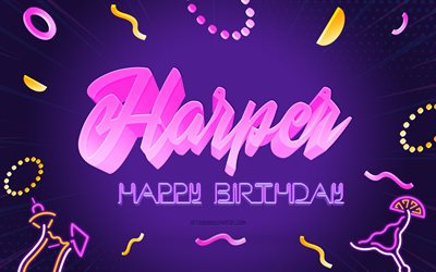 Grattis p&#229; f&#246;delsedagen Harper, 4k, Purple Party Background, Harper, kreativ konst, Grattis Harper f&#246;delsedag, Harper namn, Harper f&#246;delsedag, Birthday Party bakgrund