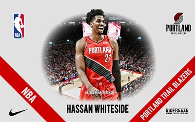 Hassan Whiteside, Portland Trail Blazers, joueur de basket-ball am&#233;ricain, NBA, portrait, USA, basket-ball, Moda Center, logo Portland Trail Blazers