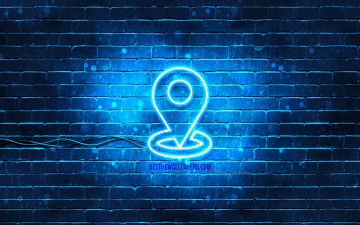 رمز النيون الموقع, 4 ك, الخلفية الزرقاء, رموز النيون, المَوْضِع, أيقونات النيون, علامة الموقع, لافتات الكمبيوتر, رمز الموقع, أيقونات الكمبيوتر