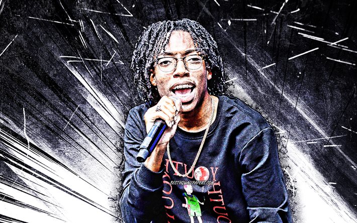 4k, Lil Tecca, 2020, grunge art, american rapper, music stars, Lil Tecca with microphone, white abstract rays, Tyler-Justin Anthony Sharpe, american celebrity, Lil Tecca 4K