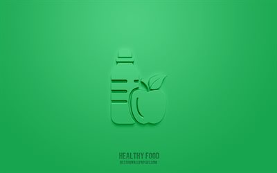 Icona 3d cibo sano, sfondo verde, simboli 3d, cibo sano, arte 3d creativa, icone 3d, segno cibo sano, icone 3d perdita di peso