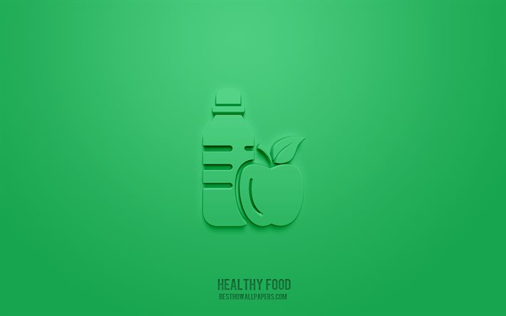 Healthy food 3d icon, green background, 3d symbols, Healthy food, creative 3d art, 3d icons, Healthy food sign, Weight loss 3d icons