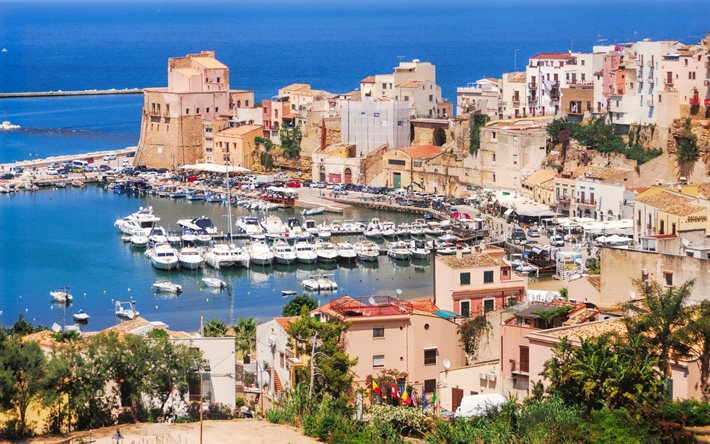 Castellammare del Golfo, Sicilien, vik, b&#229;tar, sommar, Medelhavet, Italien, Trapani-provinsen