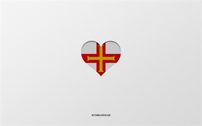 ガーンジーチャンネル諸島が大好き, ヨーロッパ諸国, ガーンジーチャンネル諸島, 灰色の背景, ガーンジーチャンネル諸島の旗の心臓, 好きな国
