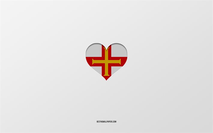 J&#39;aime les &#238;les anglo-normandes de Guernesey, pays europ&#233;ens, &#238;les anglo-normandes de Guernesey, fond gris, coeur de drapeau des &#238;les anglo-normandes de Guernesey, pays pr&#233;f&#233;r&#233;, amour des &#238;les anglo-normandes de