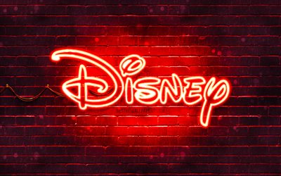 Logo rosso Disney, 4k, muro di mattoni rossi, logo Disney, opera d&#39;arte, logo al neon Disney, Disney
