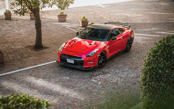 4k, Nissan GT-R R35, parking, tuning, 2020 cars, red GT-R, supercars, Nissan GT-R, japanese cars, Nissan