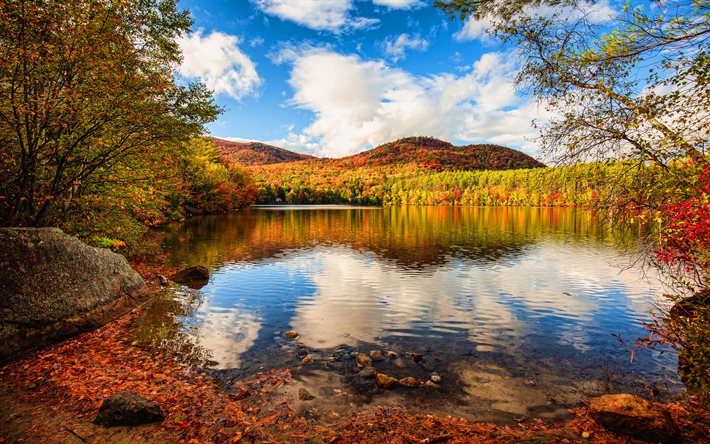 New Hampshire, 4k, lac, automne, for&#234;t, Angleterre, Royaume-Uni, belle nature, Grande-Bretagne