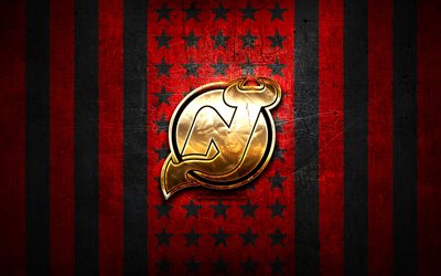 ニュージャージーデビルズ旗, NHL, 赤黒の金属の背景, アメリカのホッケーチーム, ニュージャージーデビルズのロゴ, 米国, ホッケー, 黄金のロゴ, ニュージャージーデビルズ