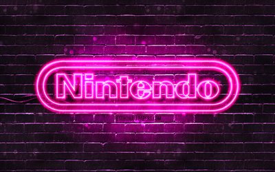 Nintendo mor logosu, 4k, mor brickwall, Nintendo logosu, markalar, Nintendo neon logosu, Nintendo