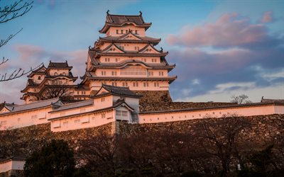 Castello di Himeji, castello giapponese, sera, tramonto, bellissimo castello, punto di riferimento, Giappone, Prefettura di Hyogo
