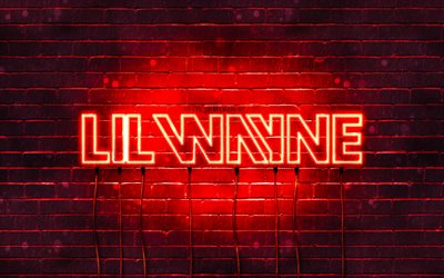 リルウェインの赤いロゴ, 4k, スーパースター, アメリカの歌手, 赤レンガの壁, リル・ウェイン, ドウェインマイケルカーター, 音楽スター, リルウェインネオンロゴ