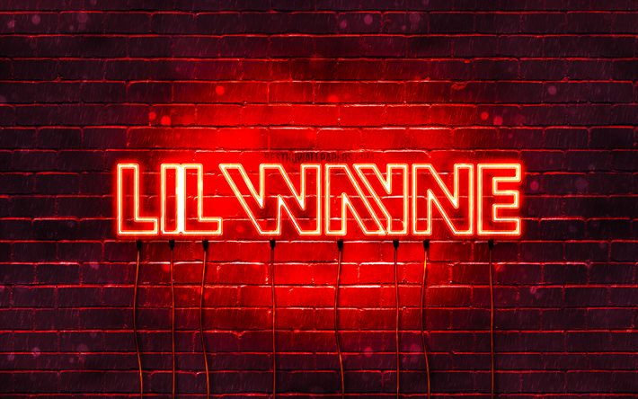 Lil Wayne kırmızı logo, 4k, s&#252;per yıldızlar, Amerikalı şarkıcı, kırmızı brickwall, Lil Wayne logosu, Dwayne Michael Carter, Lil Wayne, m&#252;zik yıldızları, Lil Wayne neon logo