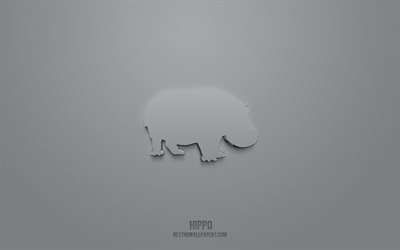 Hippo 3d icon, gray background, 3d symbols, Hippo, creative 3d art, 3d icons, Hippo sign, Animals 3d icons