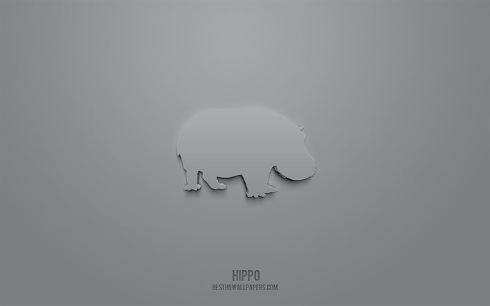Hippo 3d simgesi, gri arka plan, 3d semboller, Hippo, yaratıcı 3d sanat, 3d simgeler, Su aygırı işareti, Hayvanlar 3d simgeleri